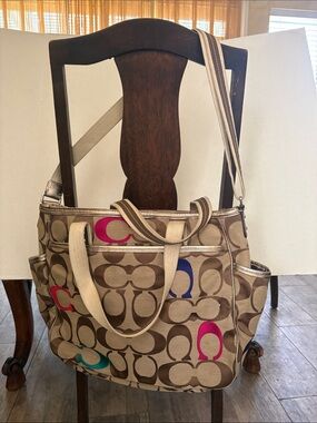 Coach Tan Khaki Canvas Tote with Multicolor C Accents